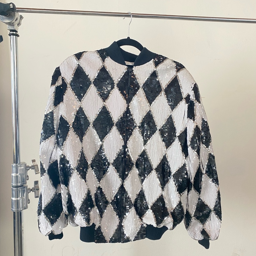 Laurence Kazar black and white sequin diamond harlequin bomber size large